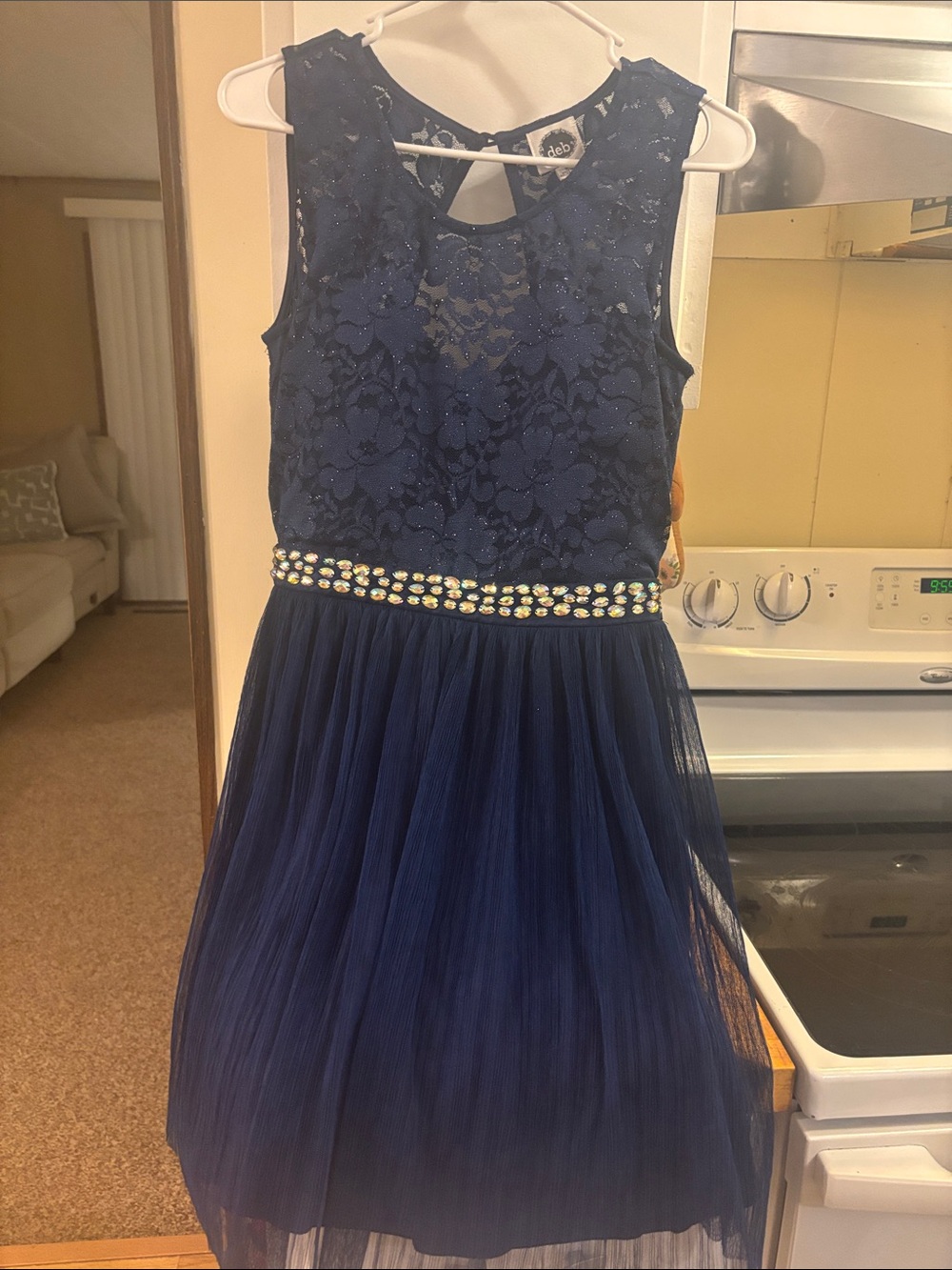 Deb Navy Lace & Tulle Dress with Jeweled Waistband